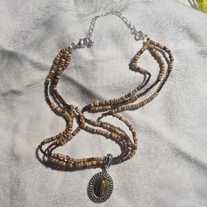Avon Multi-Strand Natural Beads Necklace with Tiger Eye Pendant And Earrings